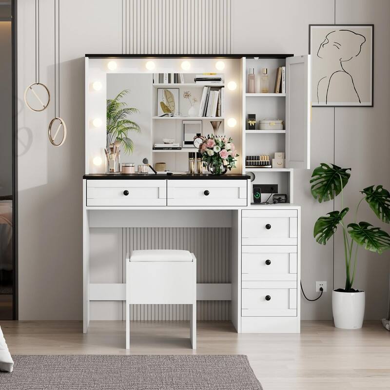 Lighted Makeup Vanity Desk with 10 LED Lights, 3 Colors, Charging Station & Stool