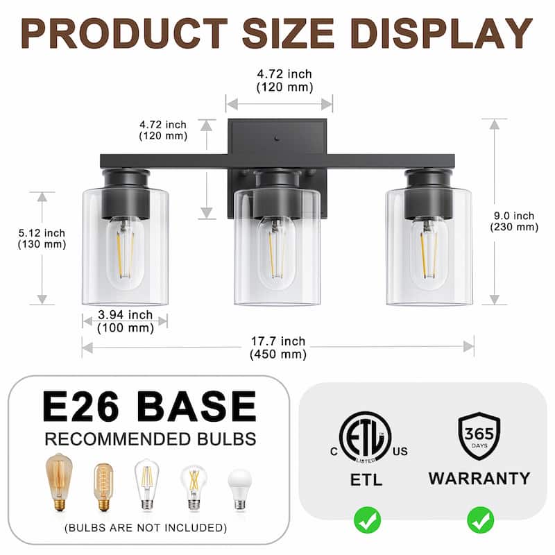 YANSUN 3-Light Bathroom Light Fixtures, Black Vanity Lights with Clear Glass Shade