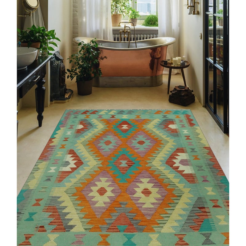 Sangat Flatweave Harry Green/Orange Rug - 4'9" x 6'6"