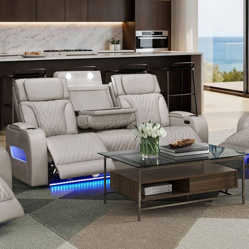 Jazz 84"W Leather Aire Power Reclining Sofa w/Power Headrest, LED, Wireless Charging Drop-Down Table, USB, Storage & Cupholders - Ice