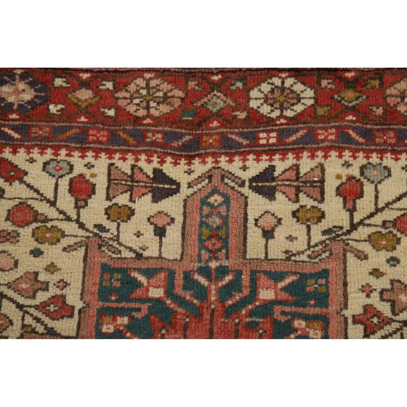 Hand Knotted Oriental 100% Wool Carpet Traditional Geometric Beige & Ivories Heriz Runner Rug - 10' 7'' X 3' 3''