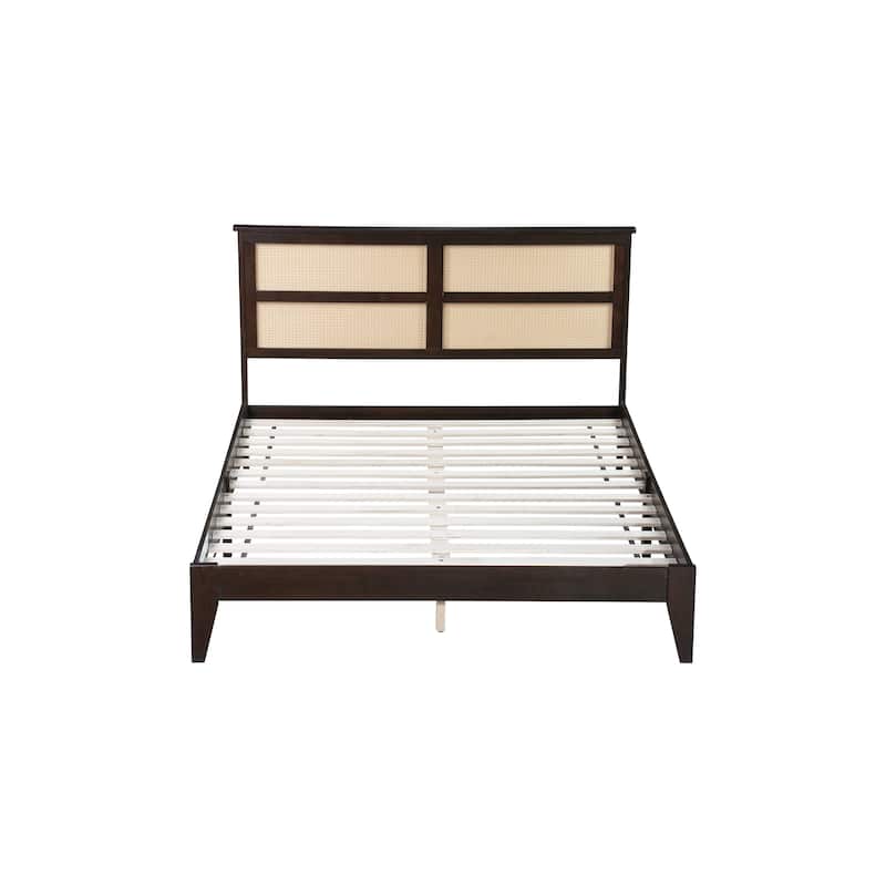 Queen Size Bed Frame Wood Platform Bed Frame with Rattan Headboard/Reinforced Support Slats/No Box Spring Required/Easy Assembly