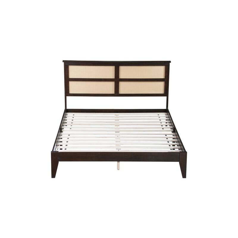 Queen Size Solid Wood Bed with Rattan Headboard, Espresso Finish, Underbed Storage