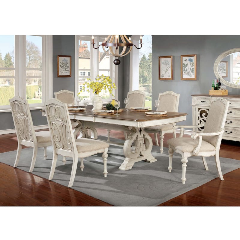 Pann Farmhouse White Solid Wood 7-Piece Expandable Dining Table Set by Furniture of America - Antique White/Natural Tone