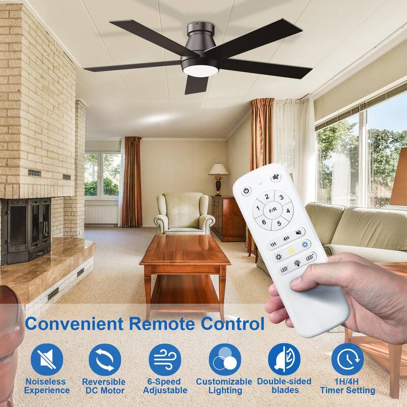 52 in. Dimmable LED Indoor/Outdoor Black Ceiling Fan with Light and Remote, 5 Blades, 6 Speeds DC Reversible, Noiseless