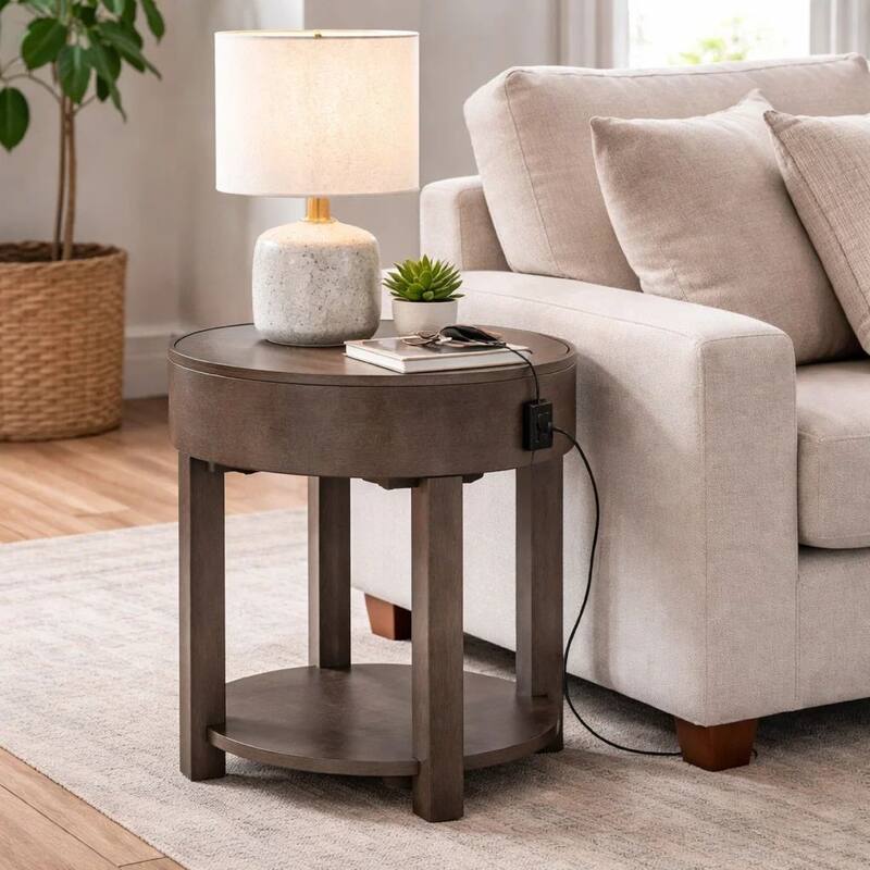 Yoel 20 Inch Modern End Table with USB Ports and Shelf, Brown Wood