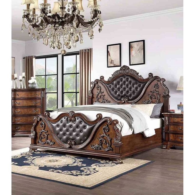 Luxury Brown Cherry Finish 1PC Button Tufted Bed