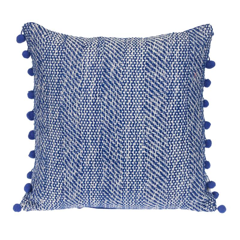 Woven Square Throw Pillow with Pom Pom - 18" - Blue