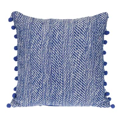Woven Square Throw Pillow with Pom Pom - 18" - Blue