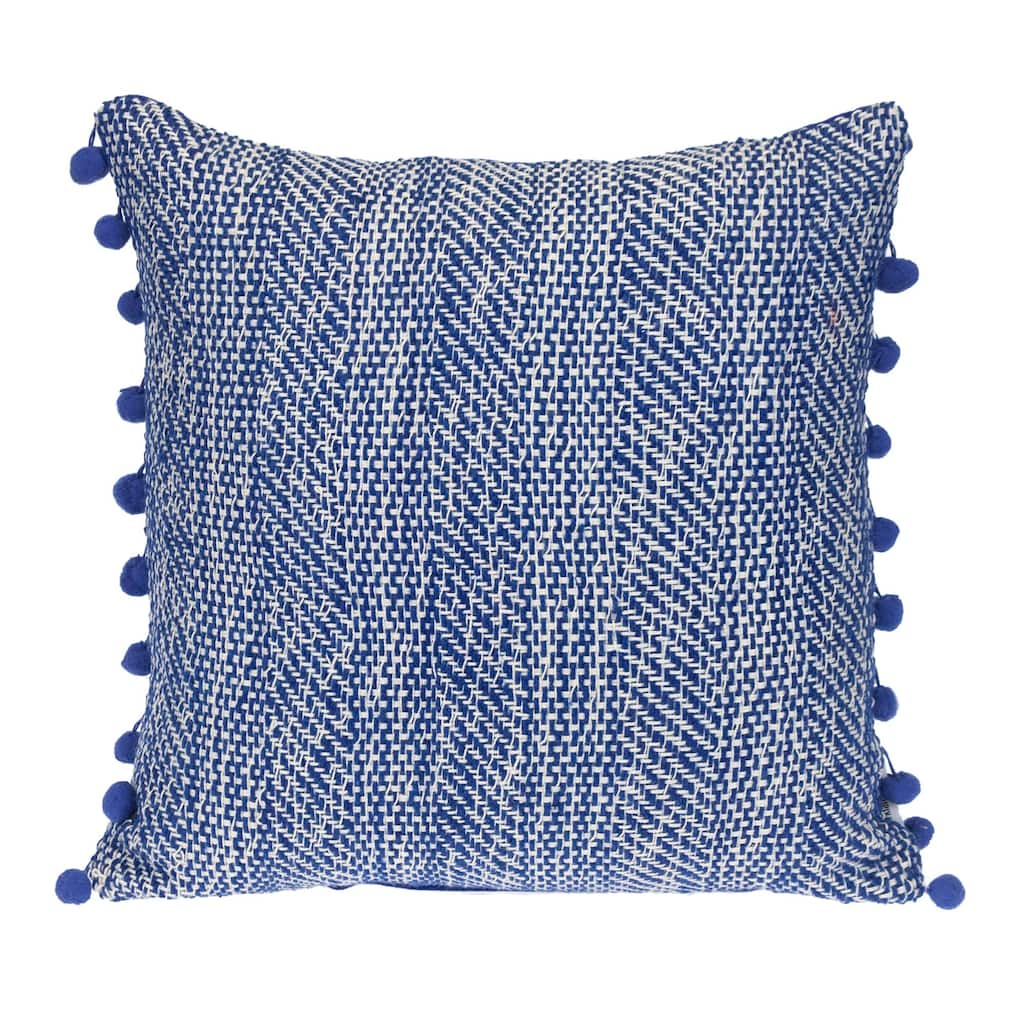 Woven Square Throw Pillow with Pom Pom - 18" - Blue
