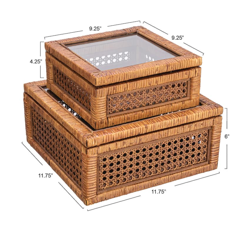 Woven Wood and Rattan Display Boxes with Glass Lids