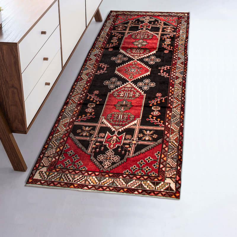 ECARPETGALLERY Hand-knotted Anadol Black, Red Wool Rug - 3' 6" x 10'