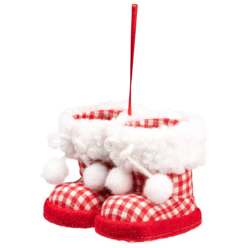 Checkered Baby Boots with Pom Poms Christmas Ornament - 4" - White and Red