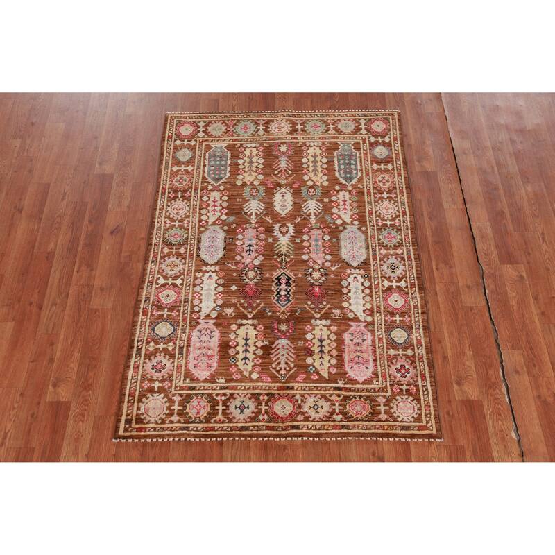 Hand Knotted Oriental 100% Wool Carpet Transitional Geometric Brown Oushak Area Rug - 4' 10'' X 3' 5''