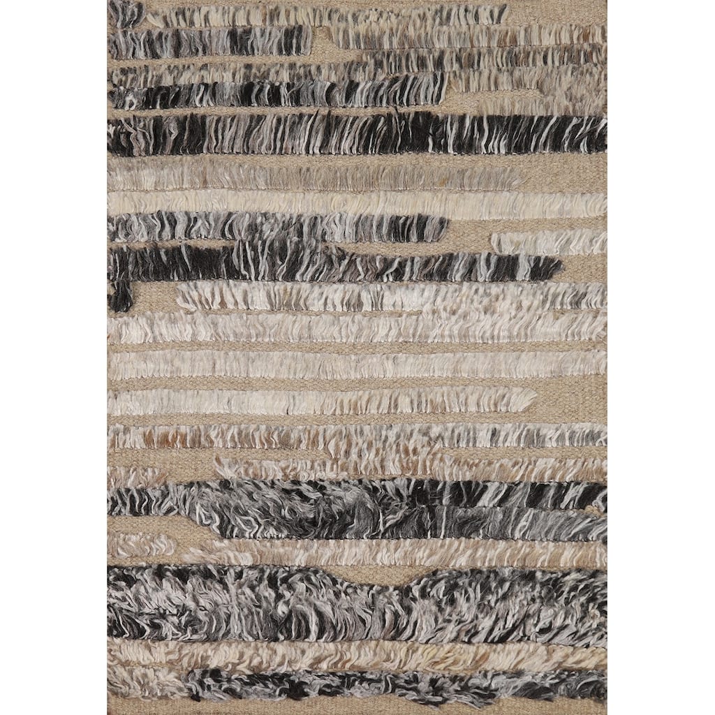 Striped Moroccan Modern Foyer Rug Hand-Knotted Wool Carpet - 2'0"x 3'0"