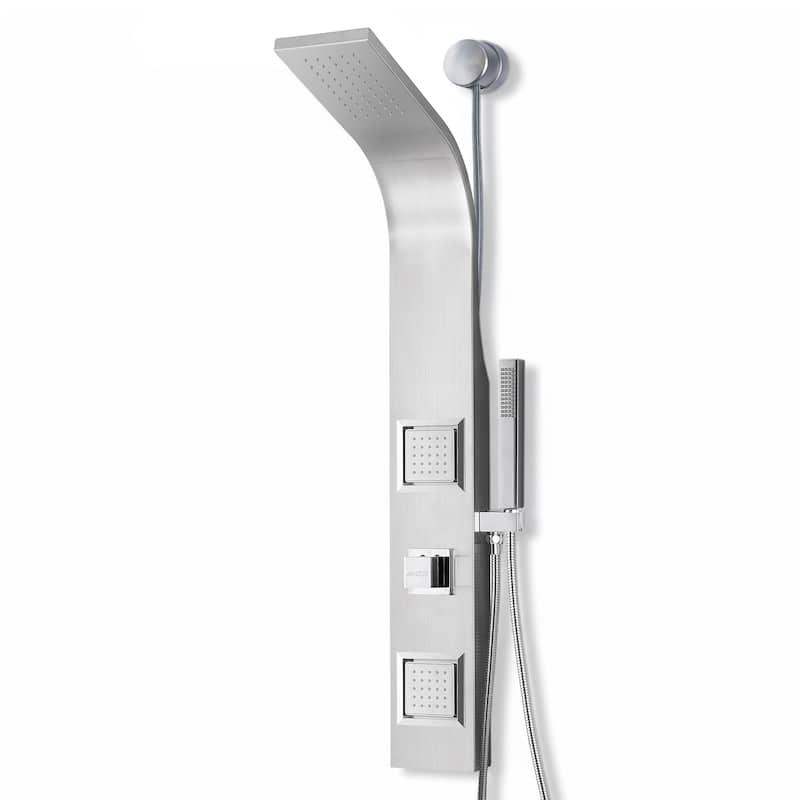 Aura 2-Jetted Shower Panel with Heavy Rain Shower & Spray Wand - Brushed Steel