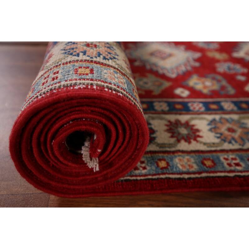 Red Geometric Kazak Runner Rug Hand-Knotted Wool Carpet - 2'7" x 9'8"