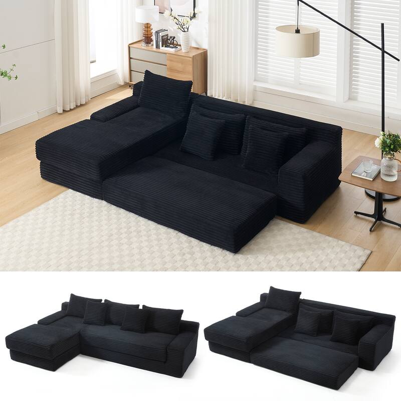 L-shaped Sectional Sofa with Chaise Lounge Convertible Full Size Floor Bed, Corduroy Memory Foam Compression Couch