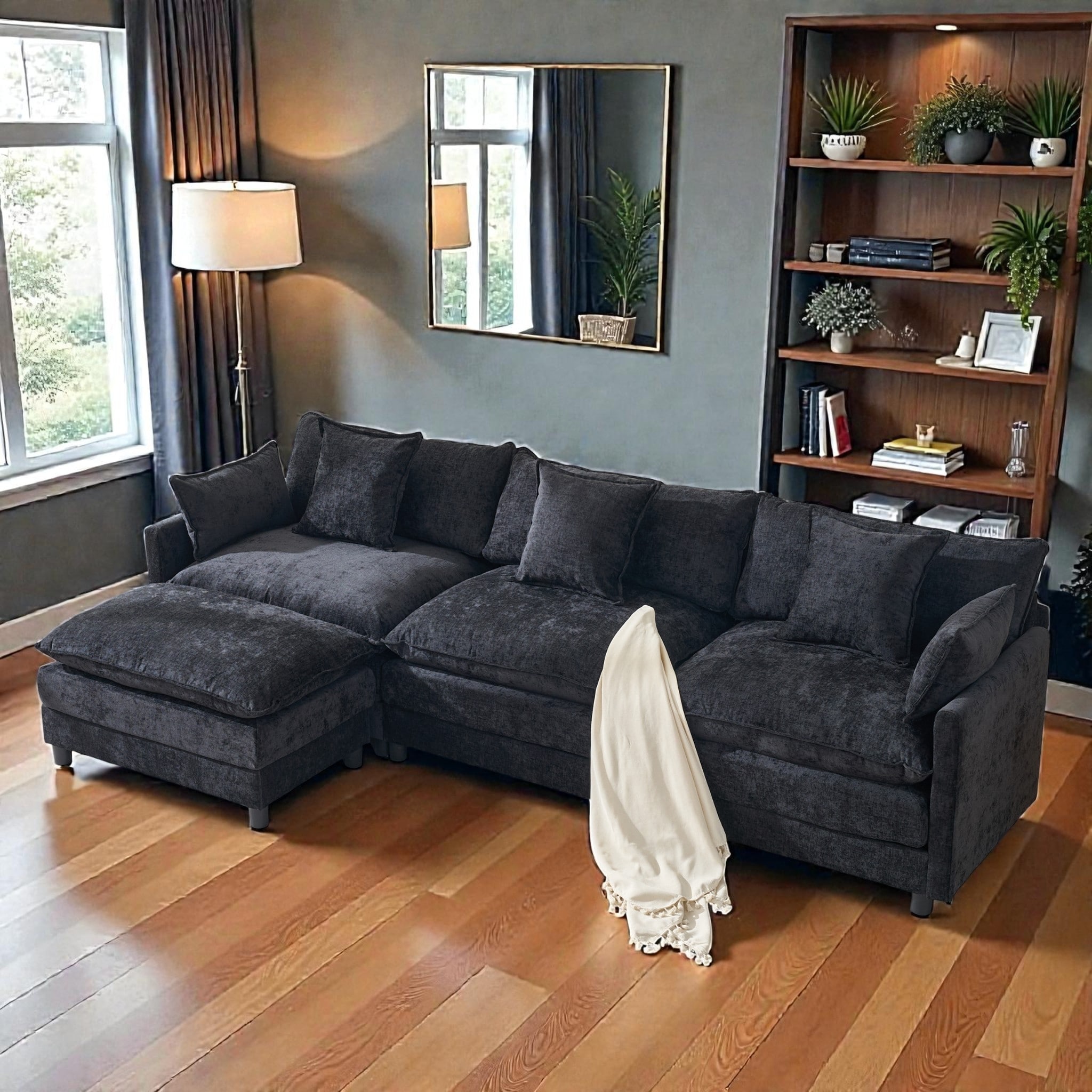 108 Inch L Shaped Modular Sectional Sofa, Chenille Cloud Couch with Ottoman, Deep Seat Modern Sofa