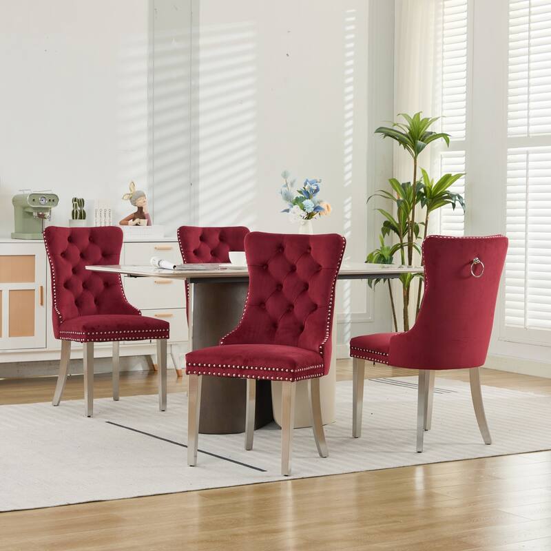 Velvet Dining Chairs Set of 2, Button Tufted Upholstered Dining Chair, Kitchen Chairs with Nailhead Trim & Stainless Steel Legs