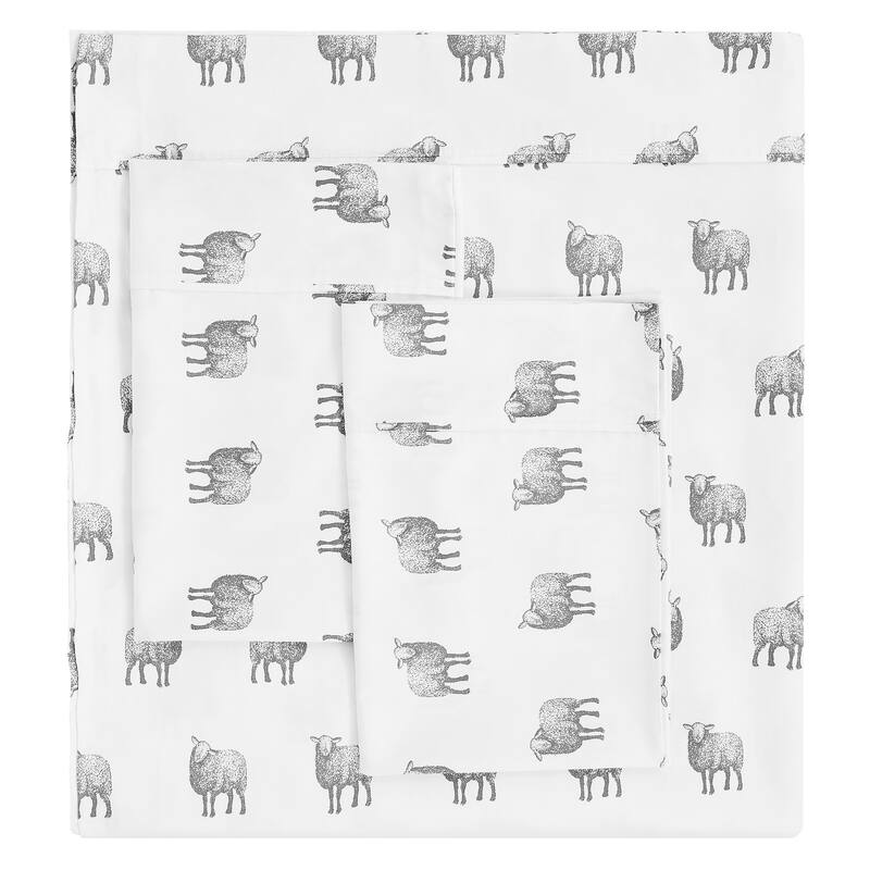 Printed Design Cotton Collection 400 Thread Count Farm Sheep Sheet Set and Pillowcases - Queen