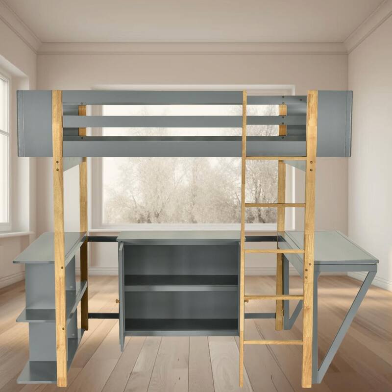 Space-Saving Twin Size Wooden Loft Platform Bed Frame with Storage Cabinet and Foldable Desk, Modern and Stylish for Bedroom - Grey - Twin