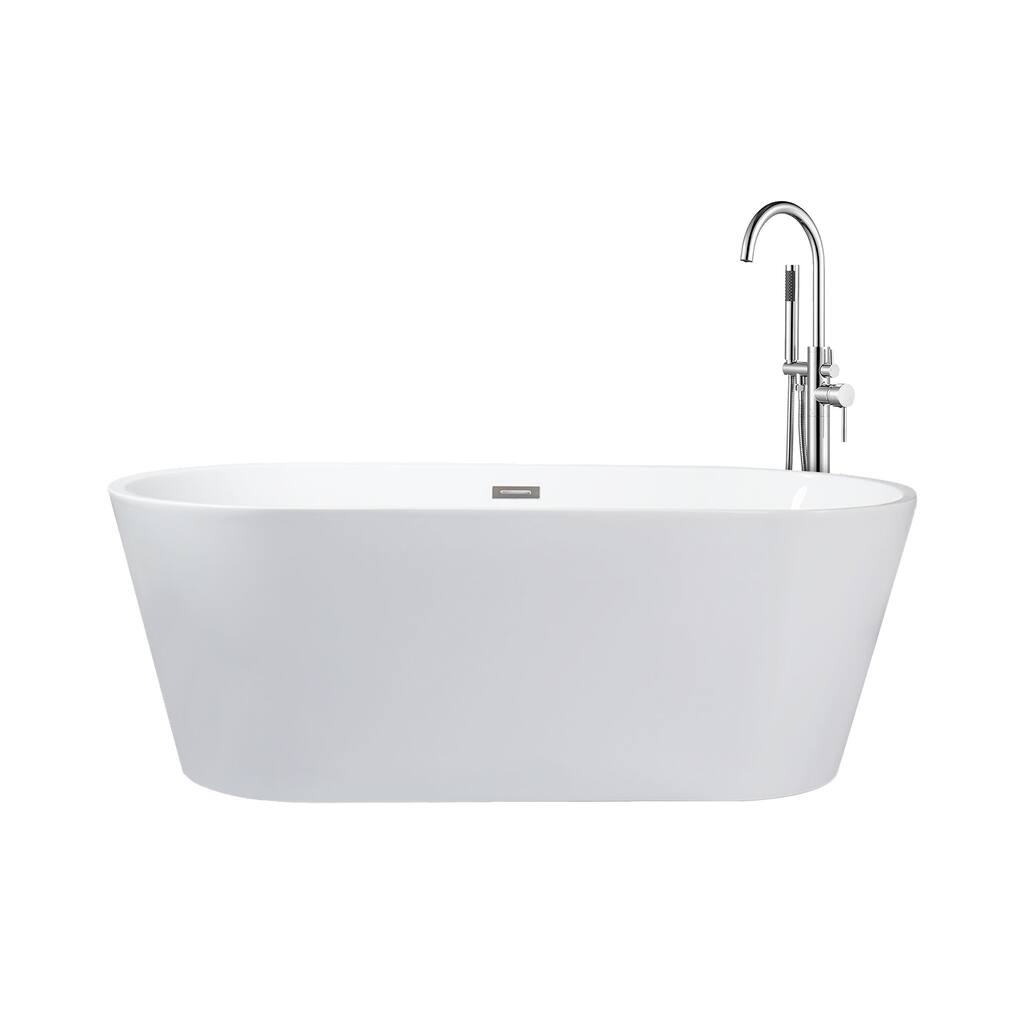 Melina White Freestanding Acrylic Flatbottom Soaking Bathtub with Chrome Hardware and Lago Tub Filler
