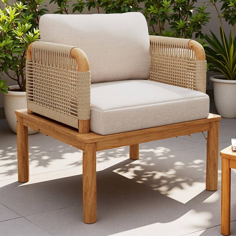 Outdoor Patio Acacia Wood Rope Weave Arm Chair with Water-Repellent Cushions