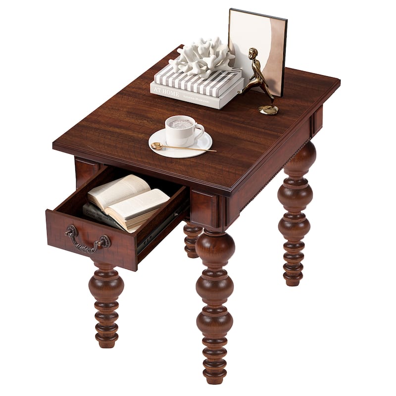Solid Wood End Table with Drawer, Easy Assembly Vintage Narrow Sofa Side Table for Living Room