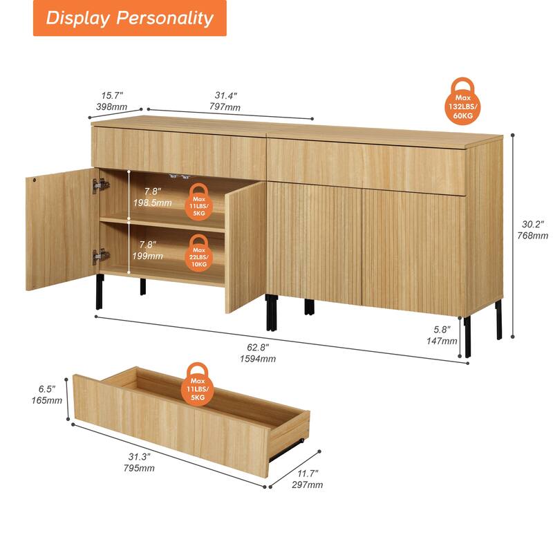 31.5" Wooden Reeded Sideboard With Doors And Drawer, Modern Credenza Storage Cabinet