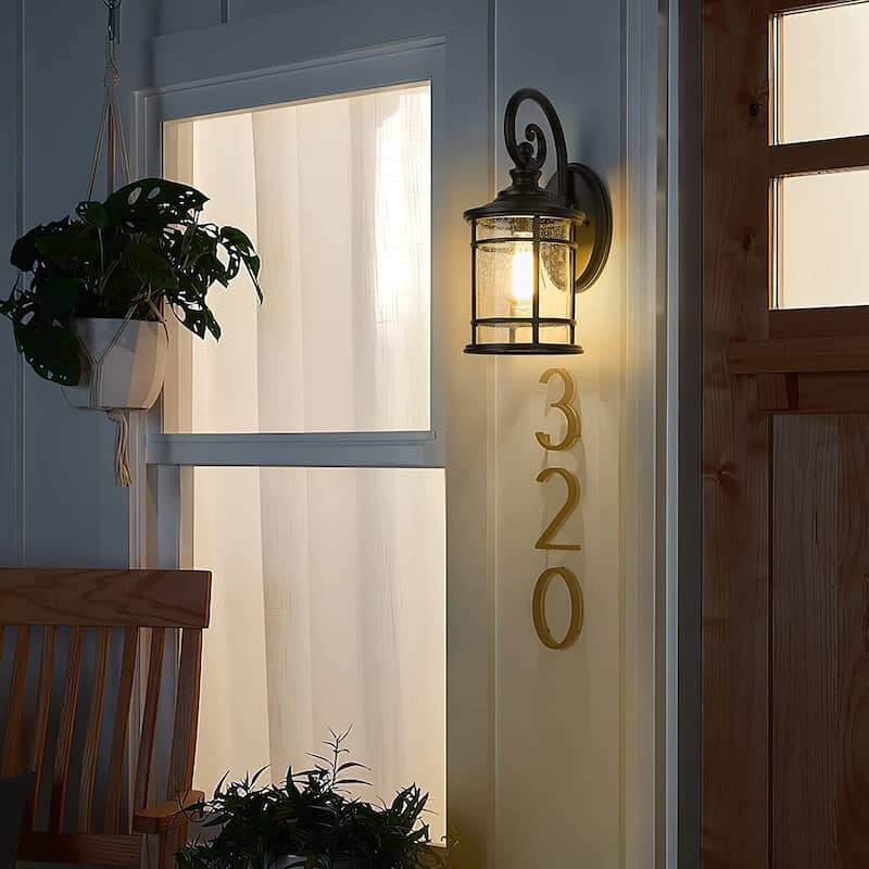 Textured Black/White Outdoor Wall Lantern with Seeded Glass Shade