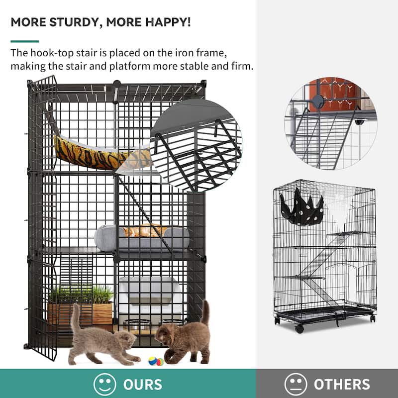 Cat Cage Indoor Catio DIY Cat Enclosures Metal Cat Playpen 3-Tiers Kennels Pet Crate with Large Hammock for 1-2 Cats,Rabbit