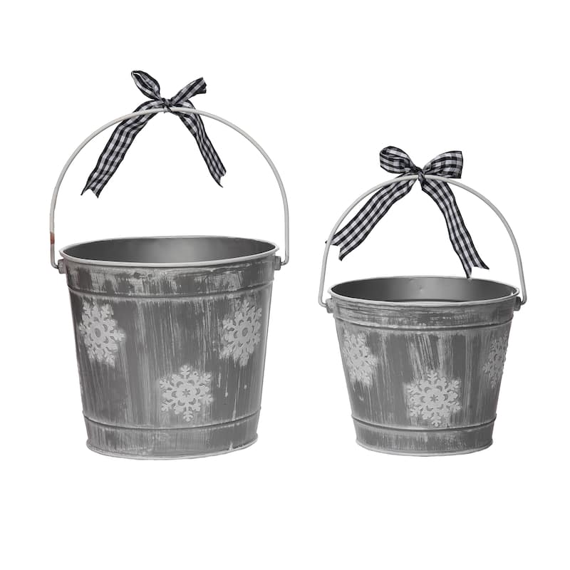 Transpac Metal 8.25 in. Gray Christmas Snowflake Buckets with Bow Set of 2