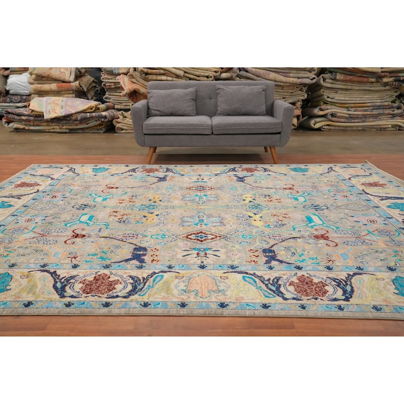 Hand Knotted Oriental 100% Wool Carpet Traditional Floral Greys & Charcoal Ziegler Area Rug - 11' 7'' X 9' 0''
