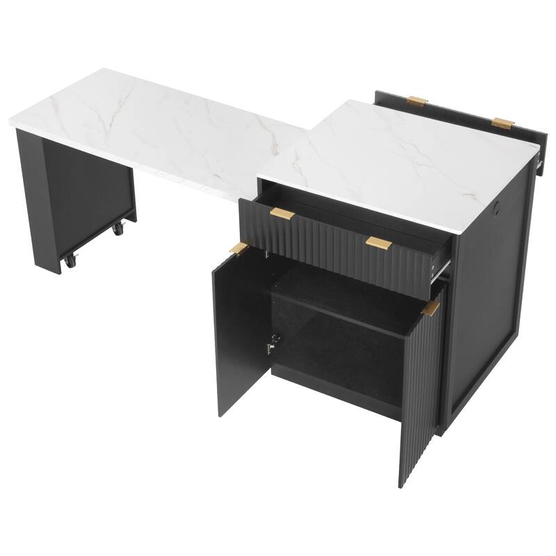 82.6" Fluted Kitchen Island with Extendable Table, Power Outlet & Storage for 4-6