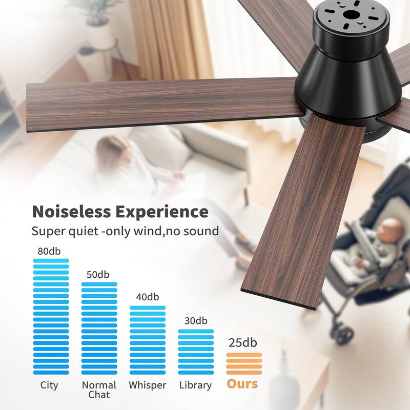 52" Ceiling Fan with Lights, Black Flush Mount Ceiling Fans with Remote Control, 6 Speeds DC Reversible, Dimmable, Noiseless