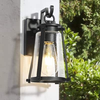 Modern Black Outdoor Sconces Patio Wall Lanterns with Seeded Glass for Porch - L 5.1" x W 6.7" x H 10.6"