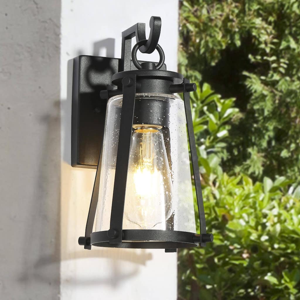 Modern Black Outdoor Sconces Patio Wall Lanterns with Seeded Glass for Porch - L 5.1" x W 6.7" x H 10.6"