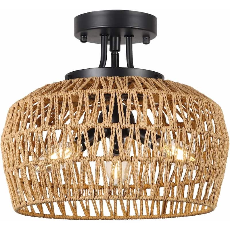 Boho Rattan Semi Flush Mount Ceiling Light - 3-Light, 360° Ample Light, E12 Socket
