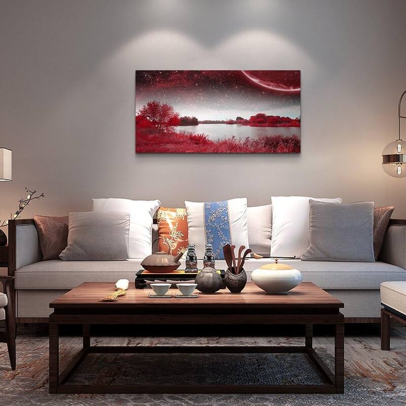 Red Lakes and trees under the starry sky red landscape - 20 x 40