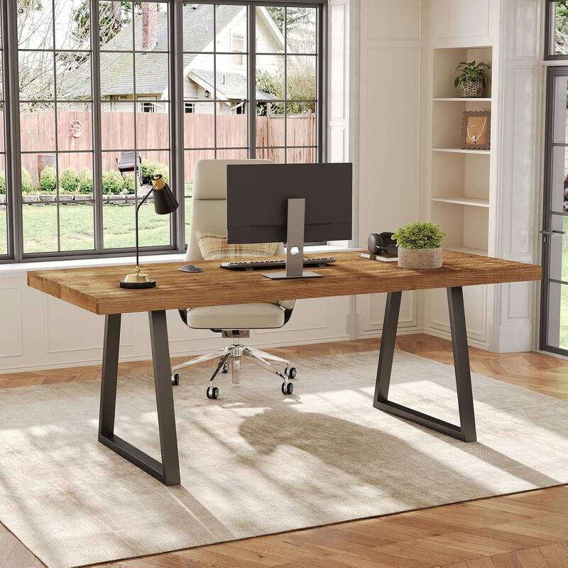 63-Inch Solid Wood Industrial Executive Desk with Strong Metal Legs for Home Office, Small Conference Table
