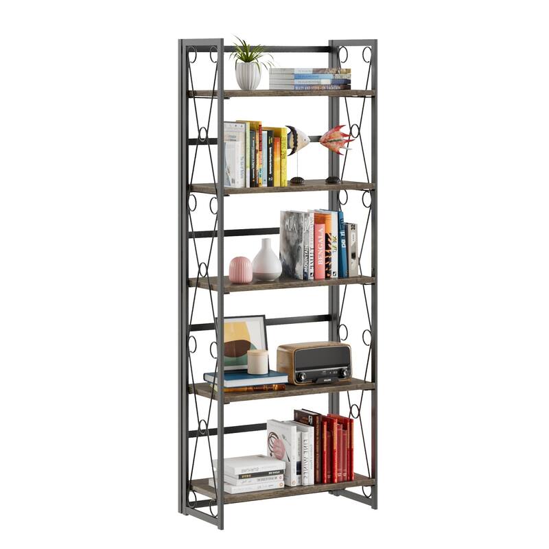 VECELO 62" Foldable 5-Tier Bookshelf Space Saving Tall Open Bookcase with MDF Shelves for Living Room Home Office Kitchen - 1 PCS - Brown