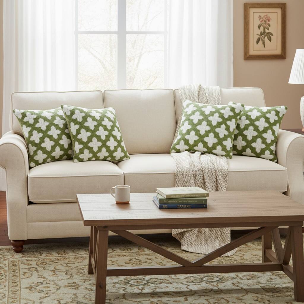 Trellis Motif Reversible Square Throw Pillow Covers - 20" - Green and White - Set of 4