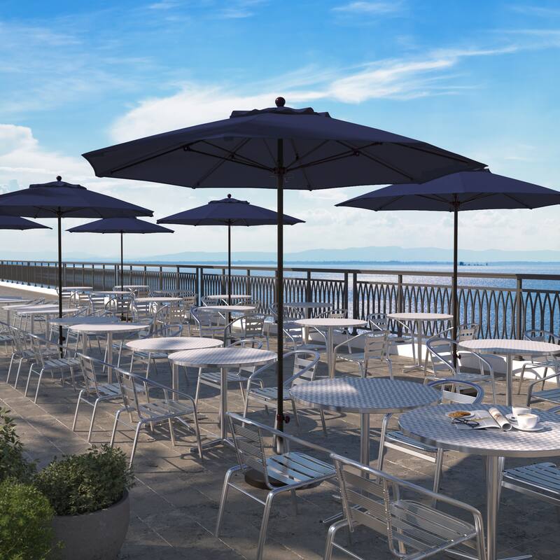 California Umbrella 9' Rd. Aluminum Frame, Fiberglass Rib Market Umbrella, Push Open, Bronze Finish, Pacifica Fabric - Navy Blue