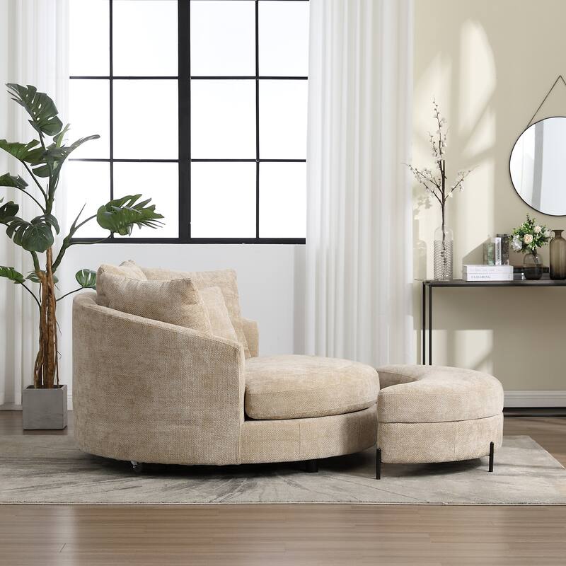 Modern Sofa Chair Round Accent Barrel Chair With 5 Pillows and Storage Ottoman