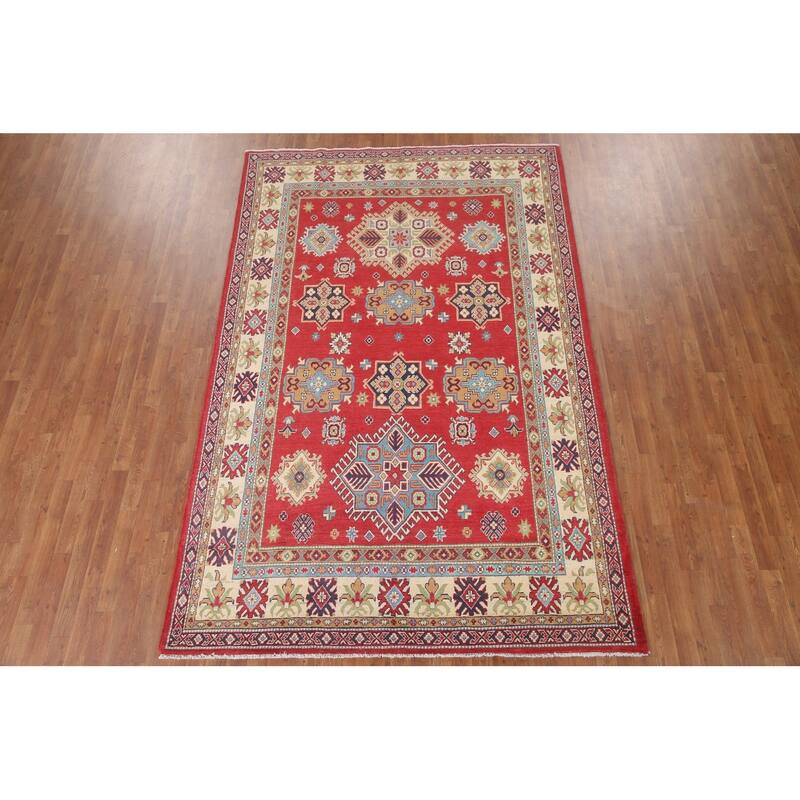 Hand Knotted Oriental 100% Wool Carpet Traditional Geometric Red Kazak Area Rug - 9' 11'' X 6' 6''