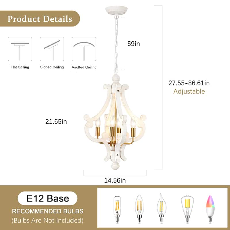 4-Light 14.56-inch Wooden Lantern Rustic Chandeliers for Entryway Hallway