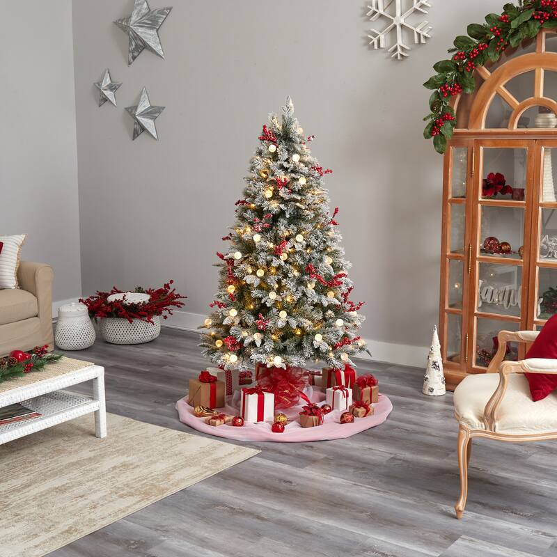 6’ Pre-Lit Flocked Artificial Christmas Tree, Warm Clear LED Lights - 6 Foot