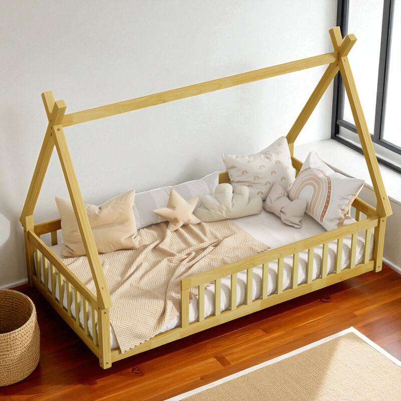Twin Tent-Shaped Floor Bed with Guardrails, Low Platform Teepee Bed Frame with Slats, Solid Wood Design