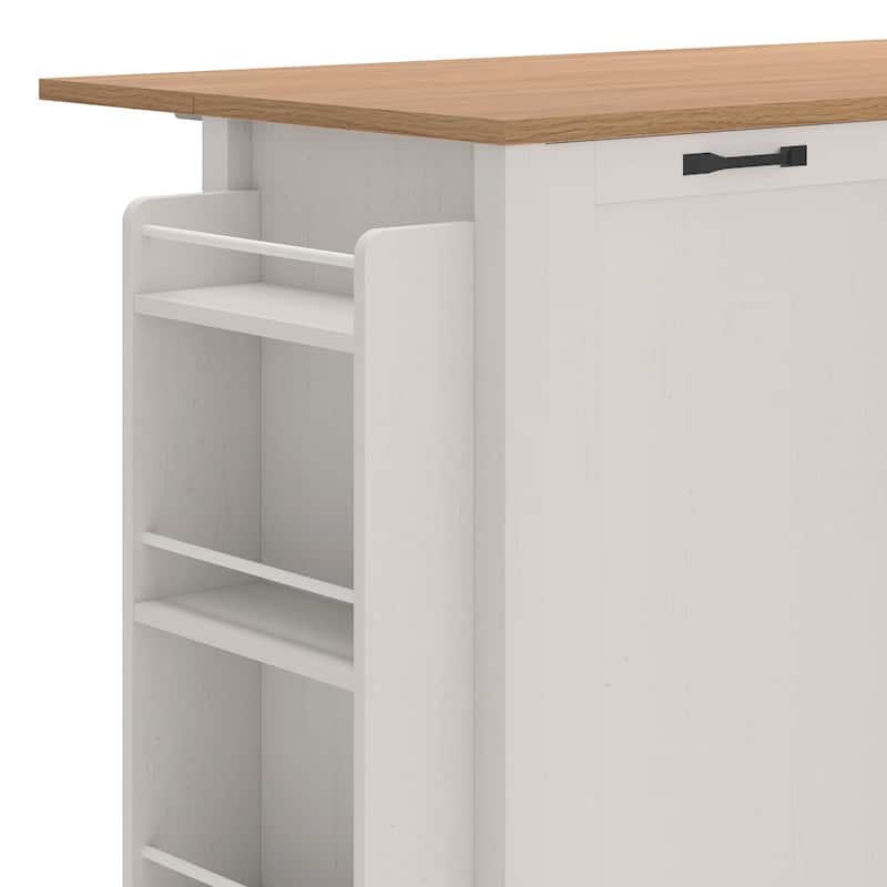 Moasis 50 Inch Drop Leaf Rolling Kitchen Island With Trash Can Storage Cabinet And Drawer